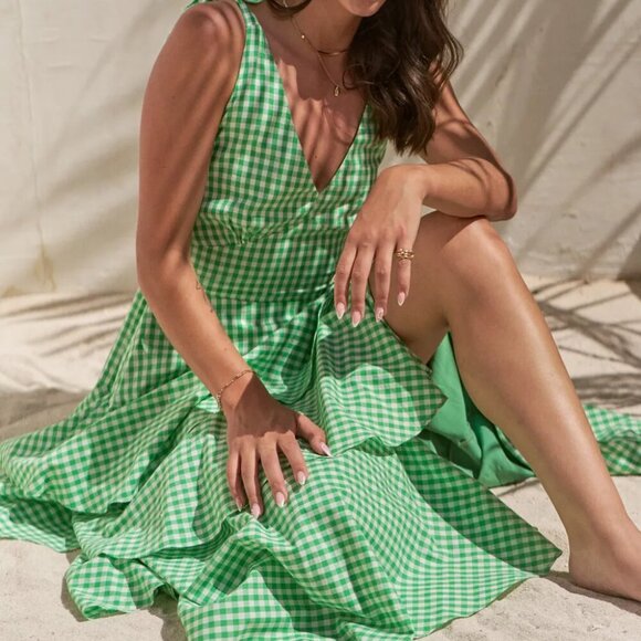 Jade By Jane Full Size Sleeveless Gingham Print Tiered Midi Dress Plus Size - Picture 1 of 11